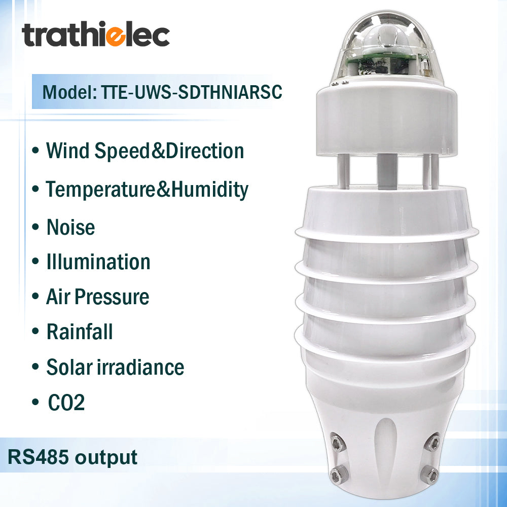 Air Temperature Humidity Noise PM2.5 Pressure Light CO2 Solar Radiation Rainfall Ultrasonic Weather Station with RS485 output