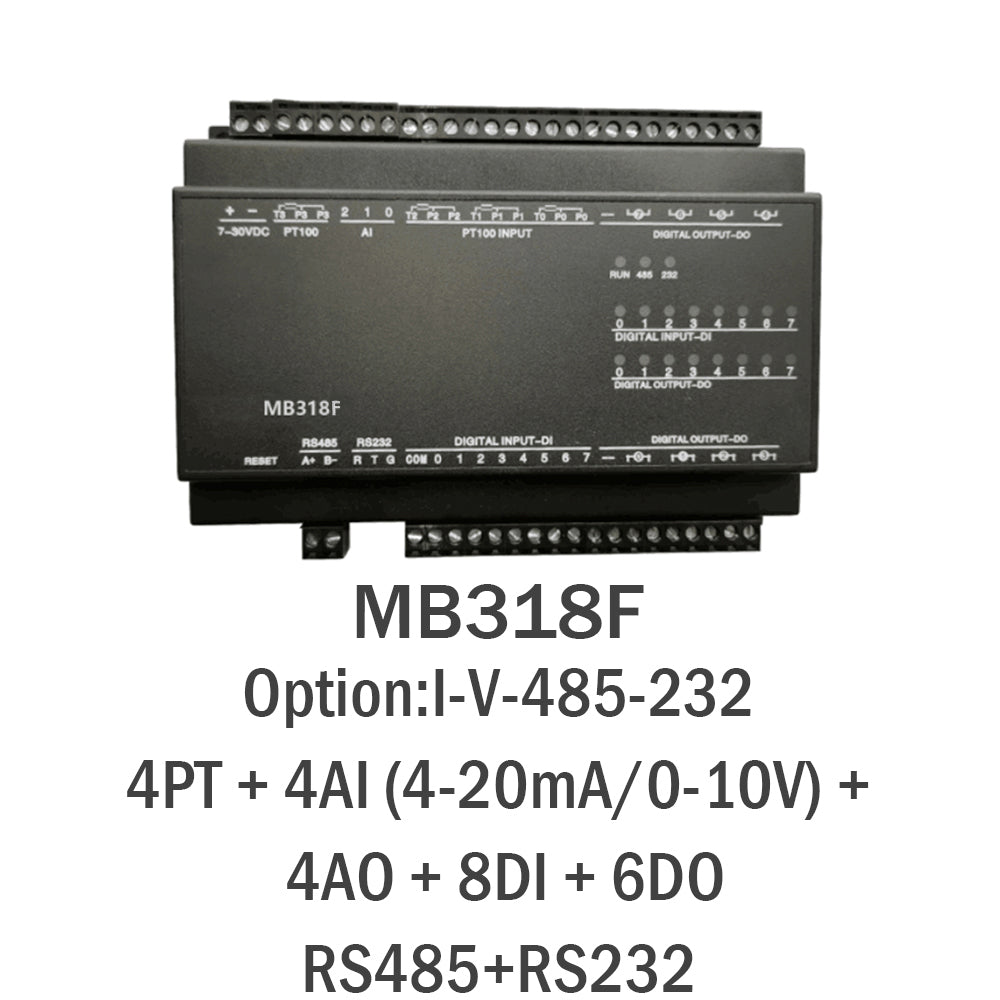MB318F 4PT+4AI+4AO+8DI+6DO RS485 RS232 Ethernet Modbus Rtu Tcp Io Acquisition Module