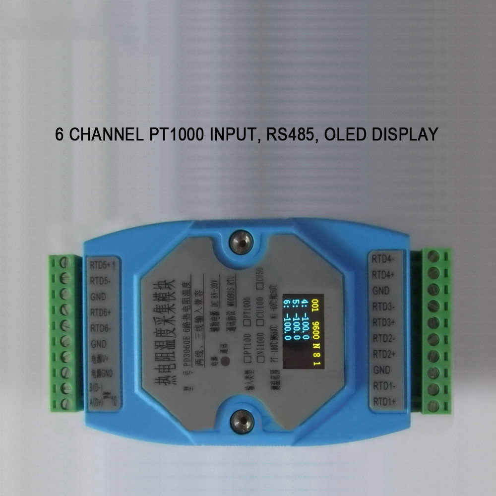 6 channels PT100/PT1000 Rs485 Modbus Output Temperature Acquisition Module with Oled Screen