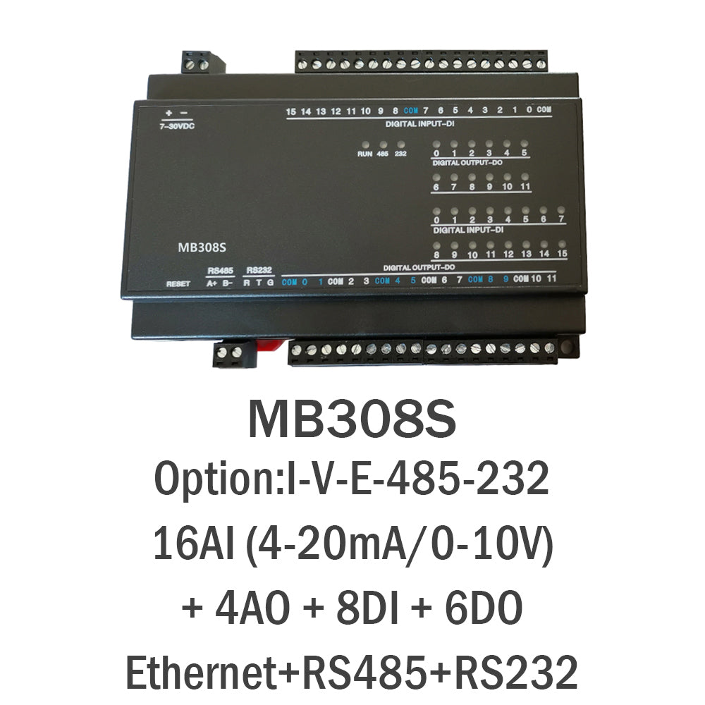 MB308S 16AI+4AO+8DI+6DO RS485 RS232 Rj45 Modbus Rtu Tcp Io Acquisition Module
