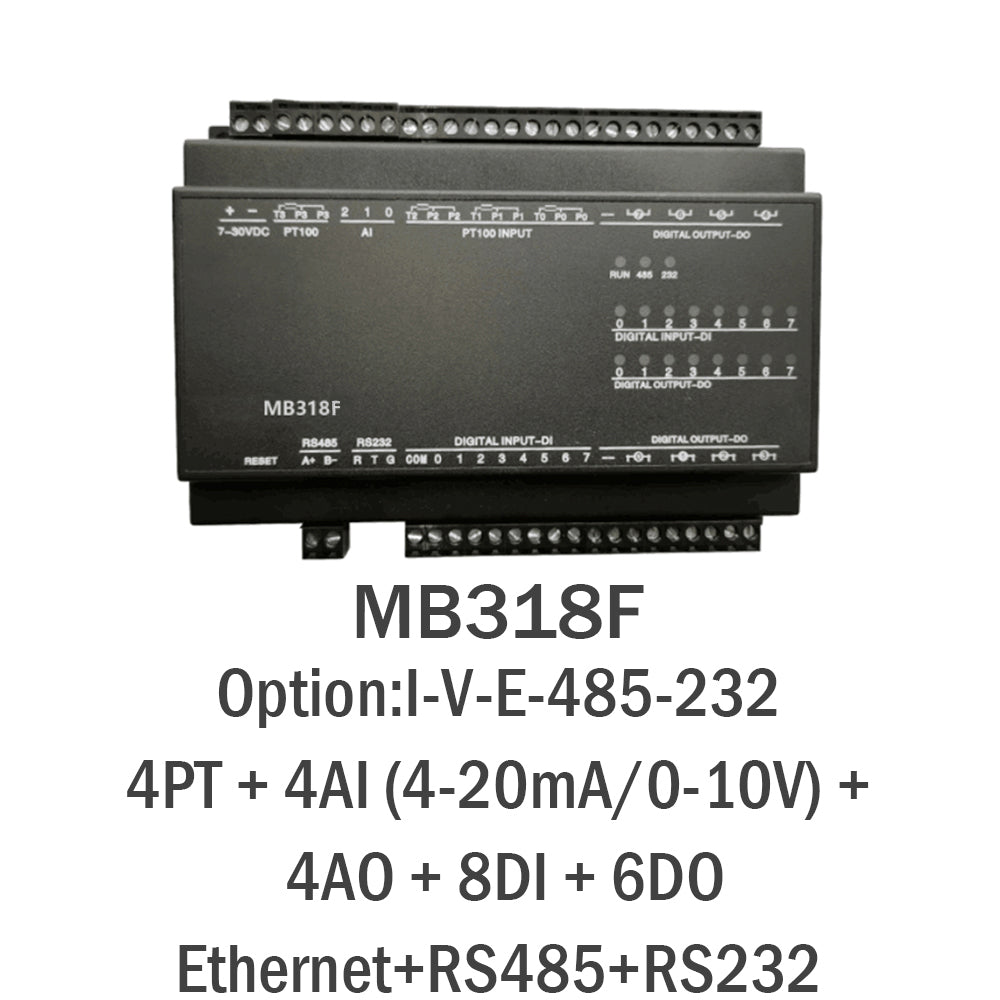 MB318F 4PT+4AI+4AO+8DI+6DO RS485 RS232 Ethernet Modbus Rtu Tcp Io Acquisition Module