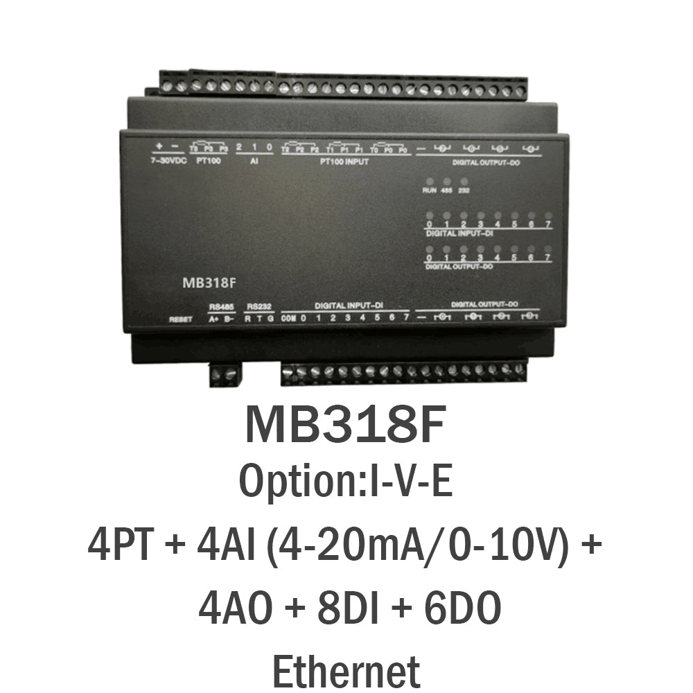 MB318F 4PT+4AI+4AO+8DI+6DO RS485 RS232 Ethernet Modbus Rtu Tcp Io Acquisition Module